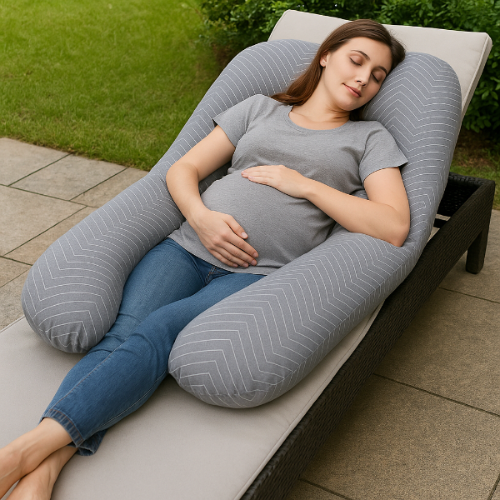 Photographie d'une femme enceinte allongée sur un transat en extérieur, profitant d’un moment de détente avec un coussin de grossesse en forme de U de couleur grise, dans un cadre lumineux et apaisant.